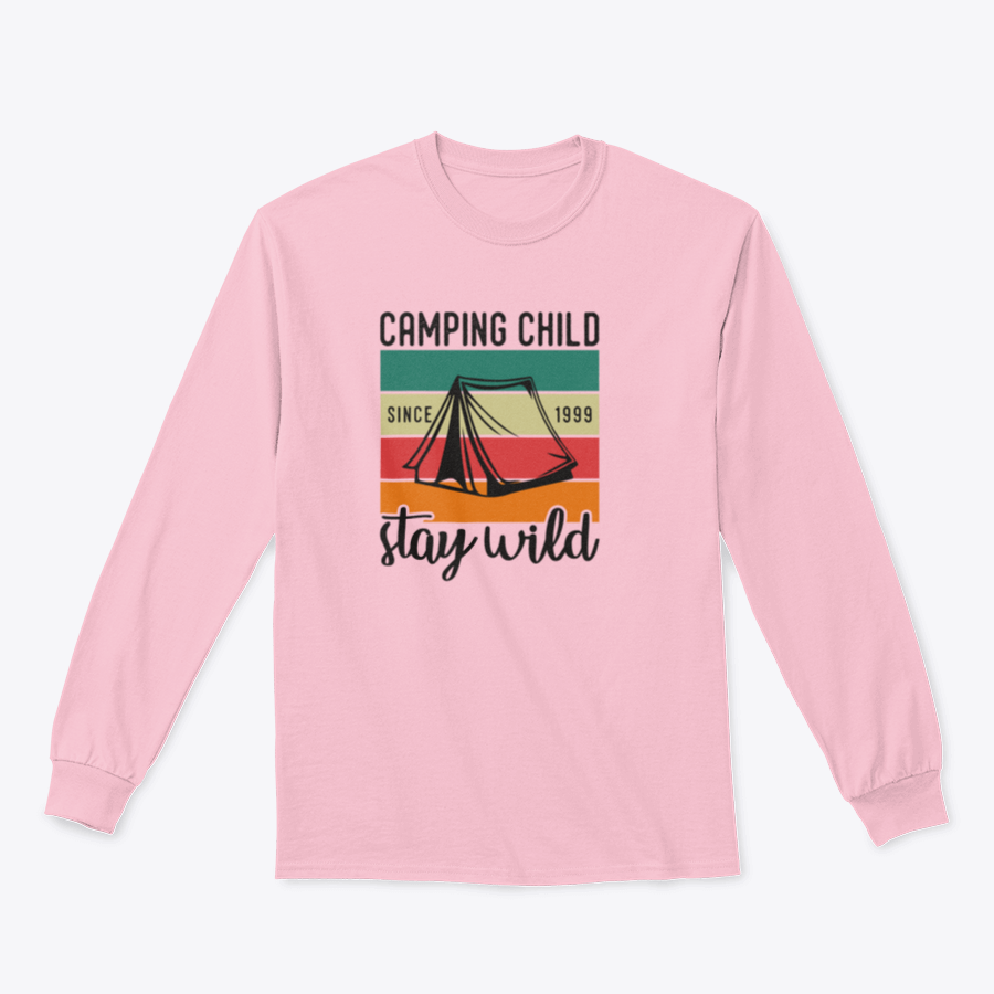 A vintage typography T-shirt for children featuring a mountain camping design, made from 100% cotton for comfort and durability.